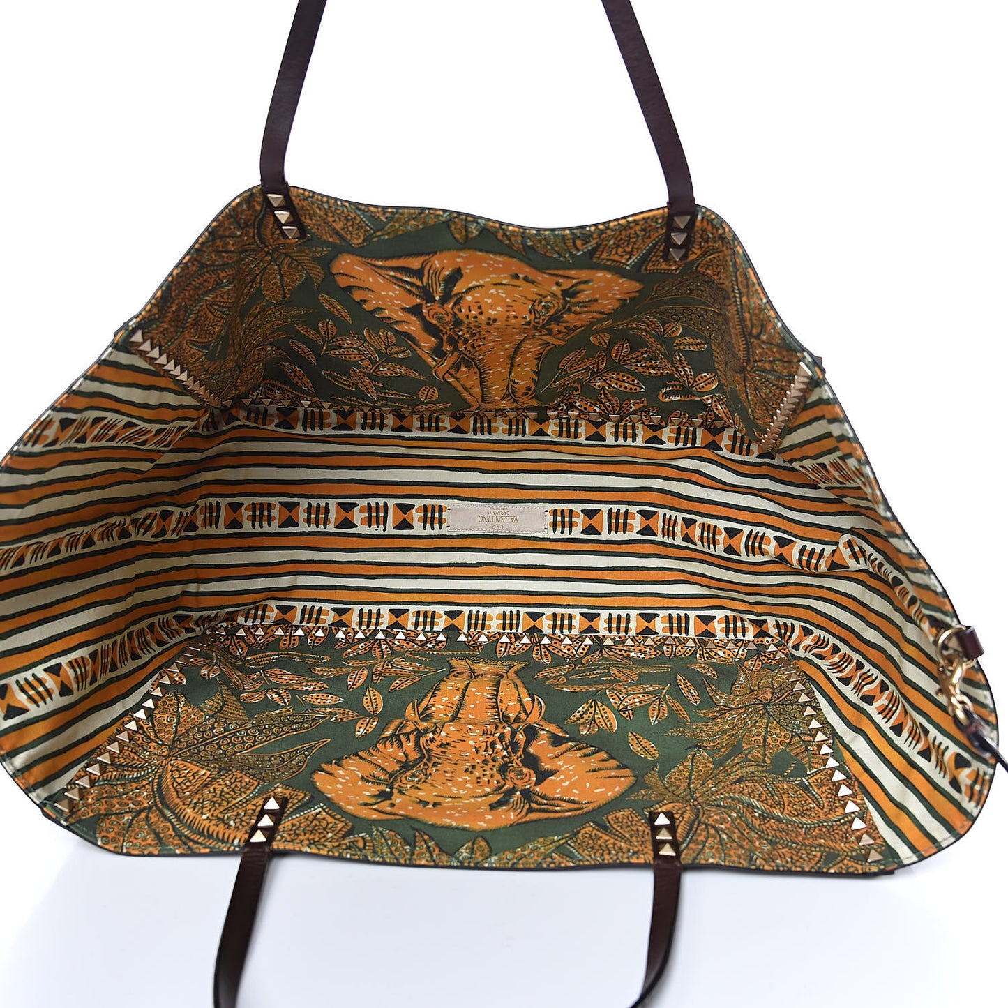Calfskin Canvas Elephant Embossed Medium Rockstud Reversible Tote Brown