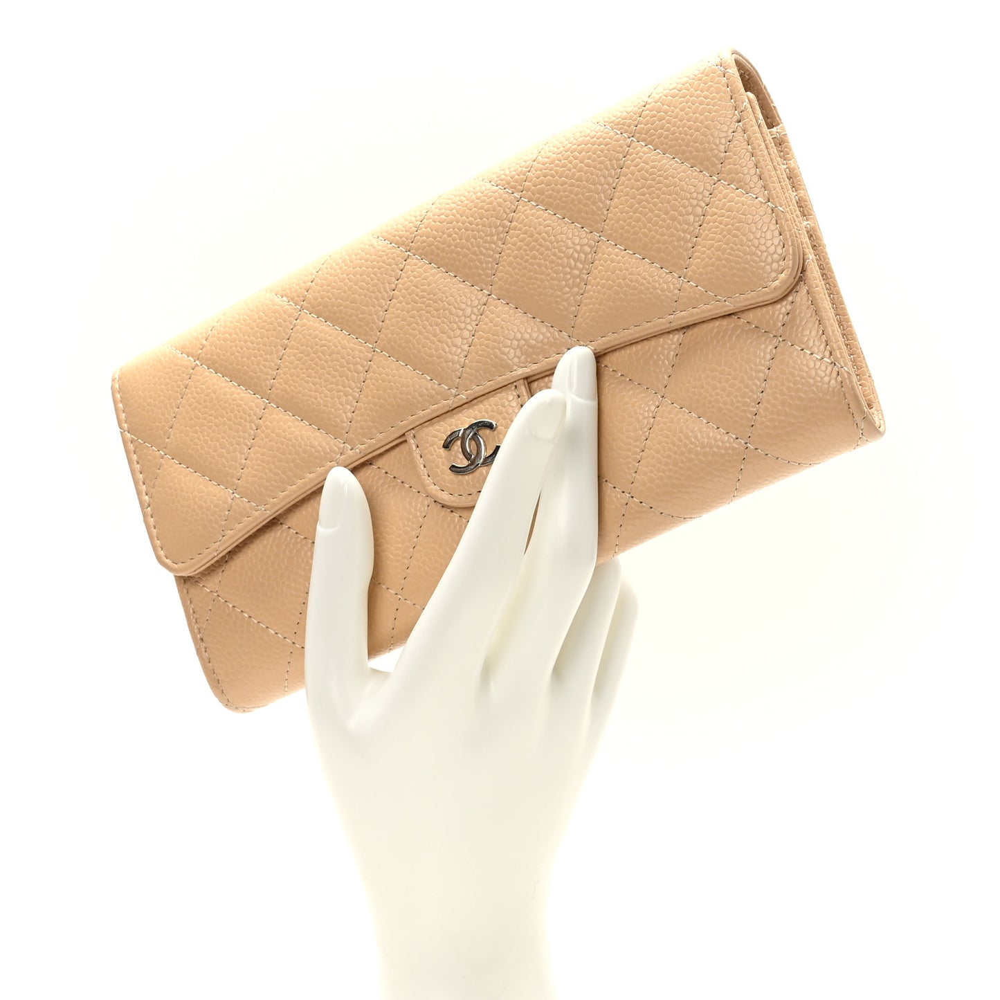 Caviar Quilted Large Gusset Flap Wallet Beige