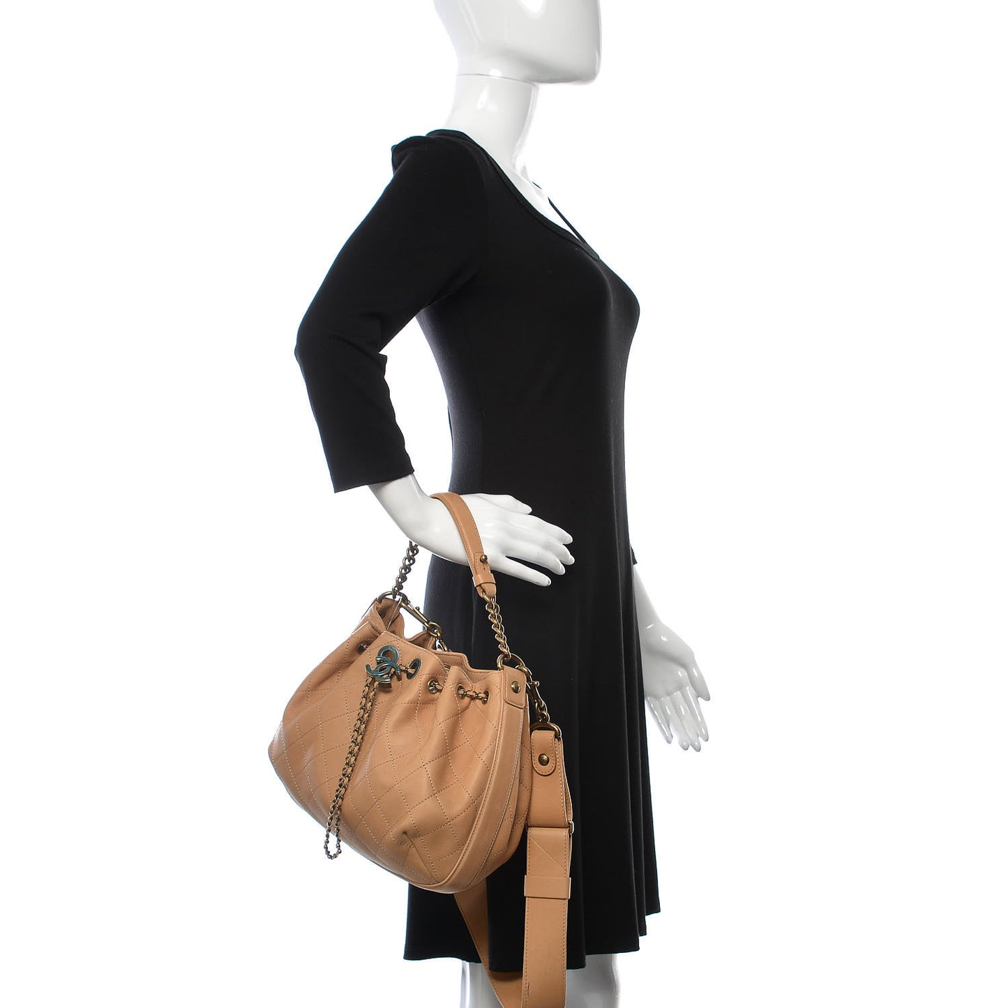 Calfskin Quilted Drawstring CC Medium Hobo Beige