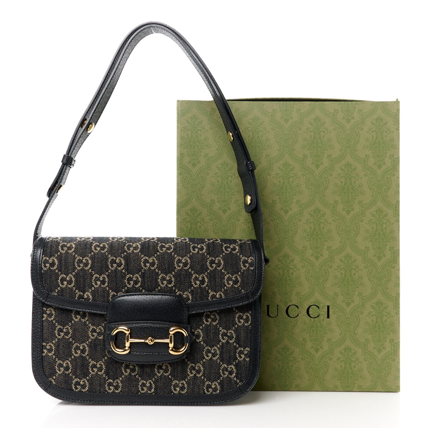 Jacquard Black Denim GG Monogram Textured Dollar Calfskin Horsebit 1955 Shoulder Bag Black Ivory