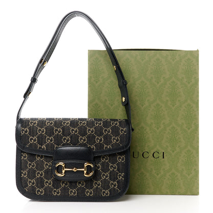 Gucci Jacquard Black Denim GG Monogram Textured Dollar Calfskin Horsebit 1955 Shoulder Bag Black Ivory 12 of 12