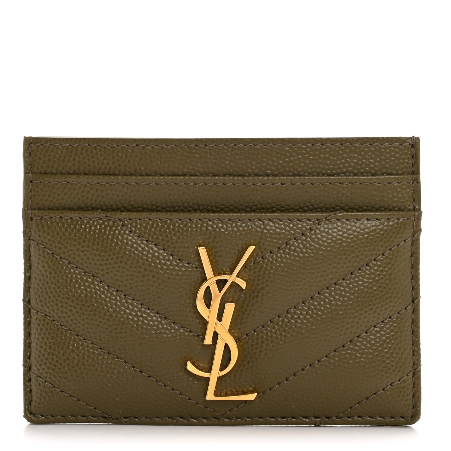 Saint Laurent Grain De Poudre Matelasse Chevron Monogram Credit Card Case Vert Kaki 1 of 10