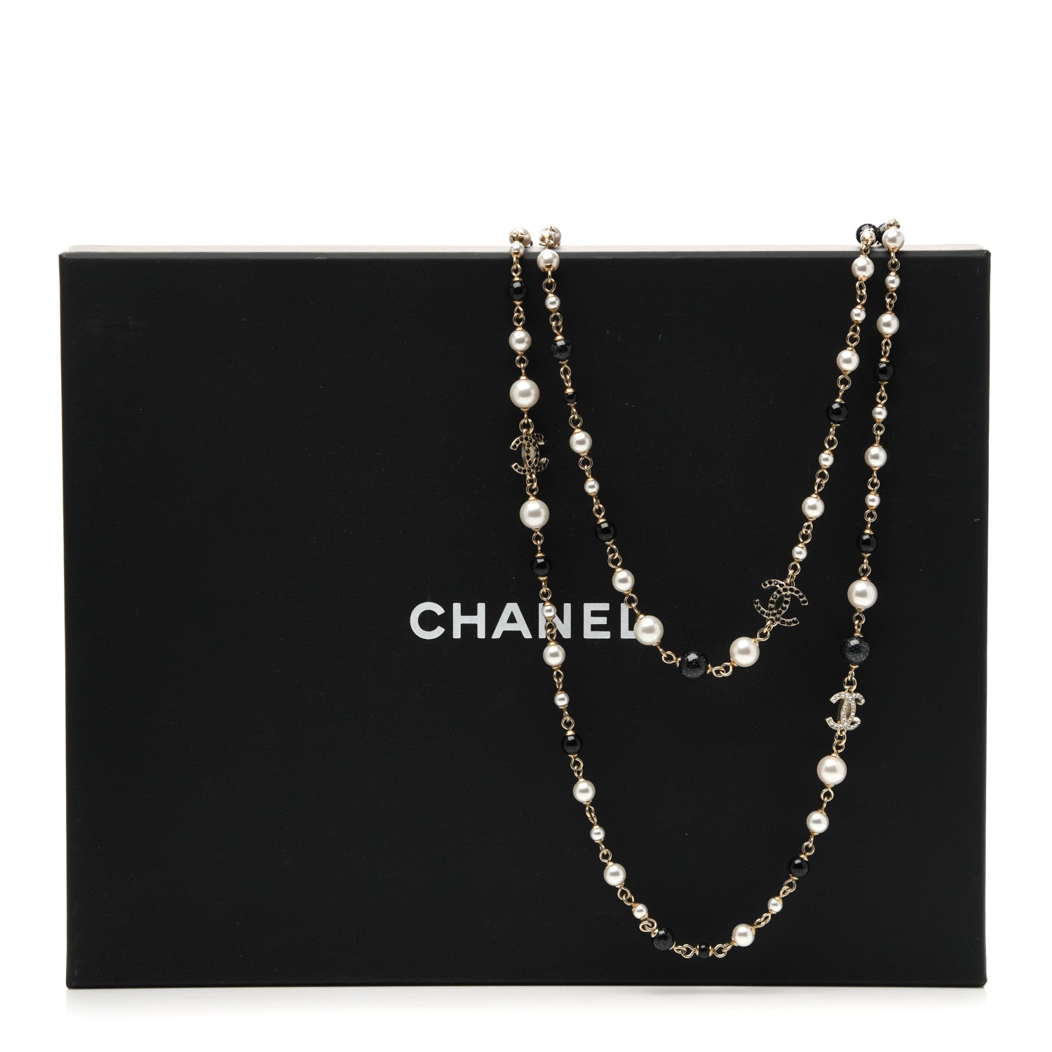 Chanel Pearl Bead Crystal CC Long Necklace Black Gold 5 of 5