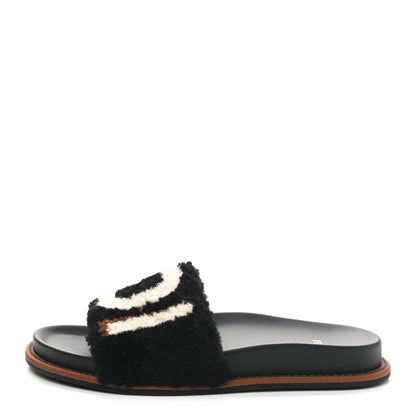 Fendi Shearling Logo Slide Sandals 38 Black Latte Brownie 1 of 9