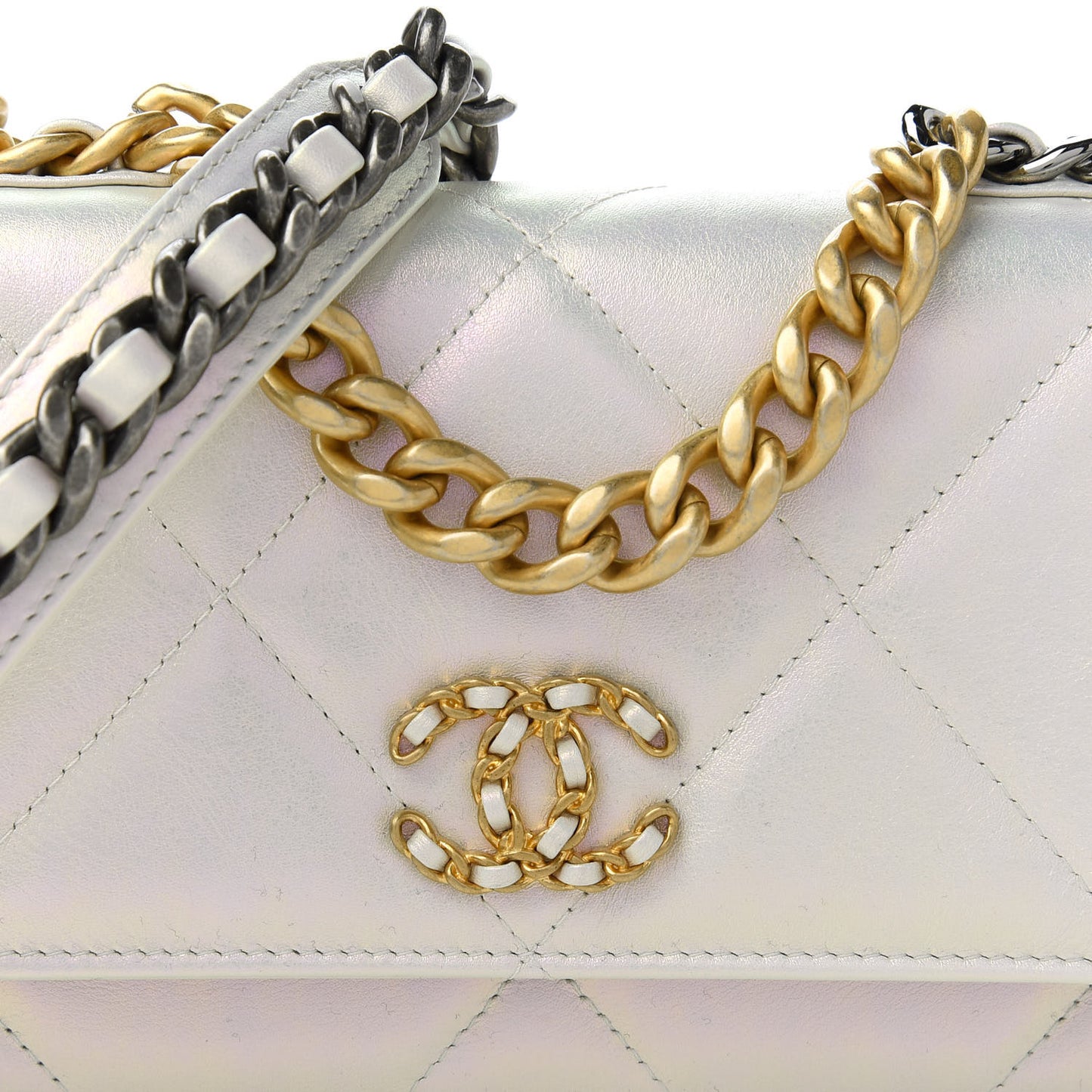 Iridescent Calfskin Quilted Chanel 19 Wallet On Chain WOC White
