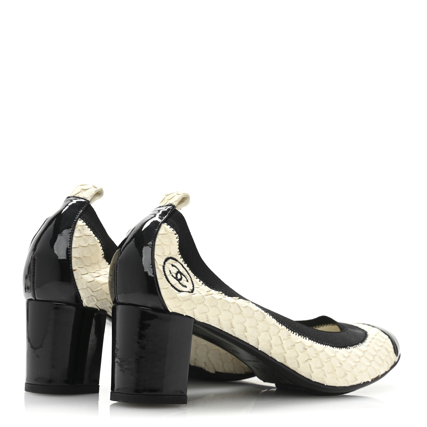 Chanel Snakeskin CC Elastic Cap Toe Ballerina Pumps 38 White Black 5 of 8