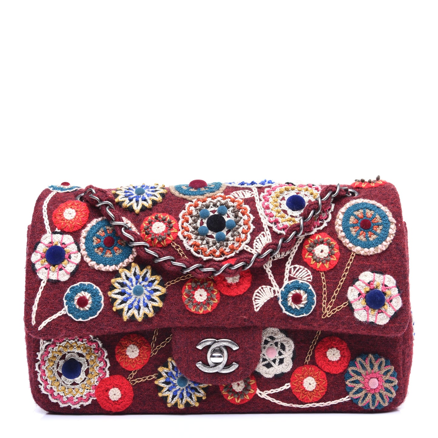 Felt Flower Embroidered Medium Double Flap Burgundy Multicolor