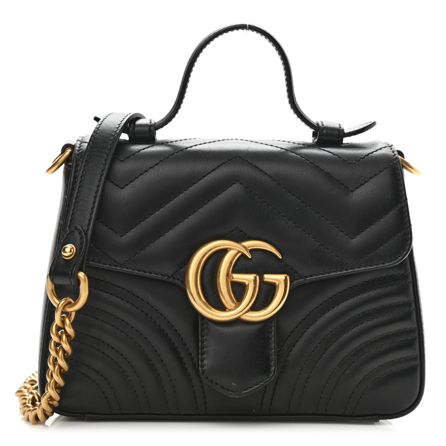 Gucci Calfskin Matelasse Mini GG Marmont Top Handle Shoulder Bag Black 1 of 11