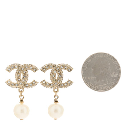 Chanel Crystal Timeless CC Pearl Drop Earrings Light Gold 2 of 4