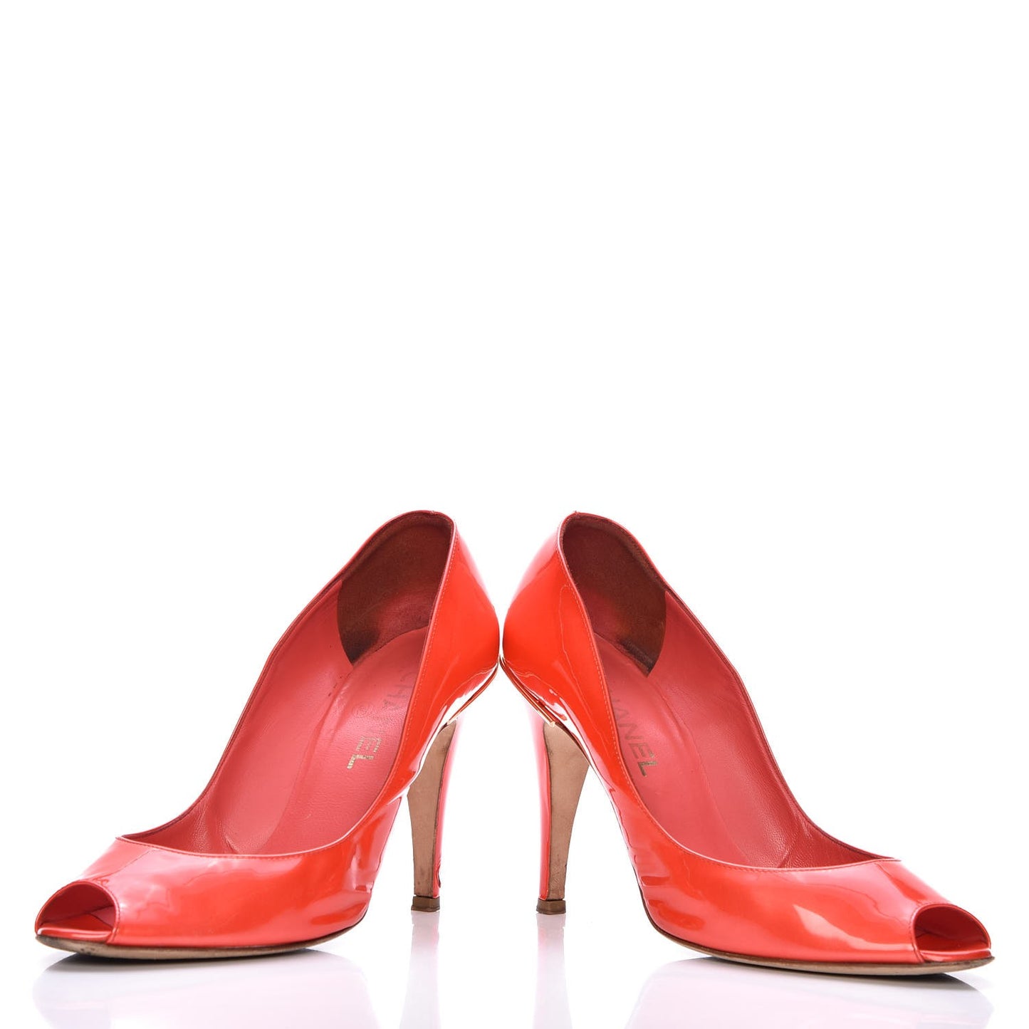 Patent Calfskin CC Peep Toe Pumps 39.5 Rouge Clair