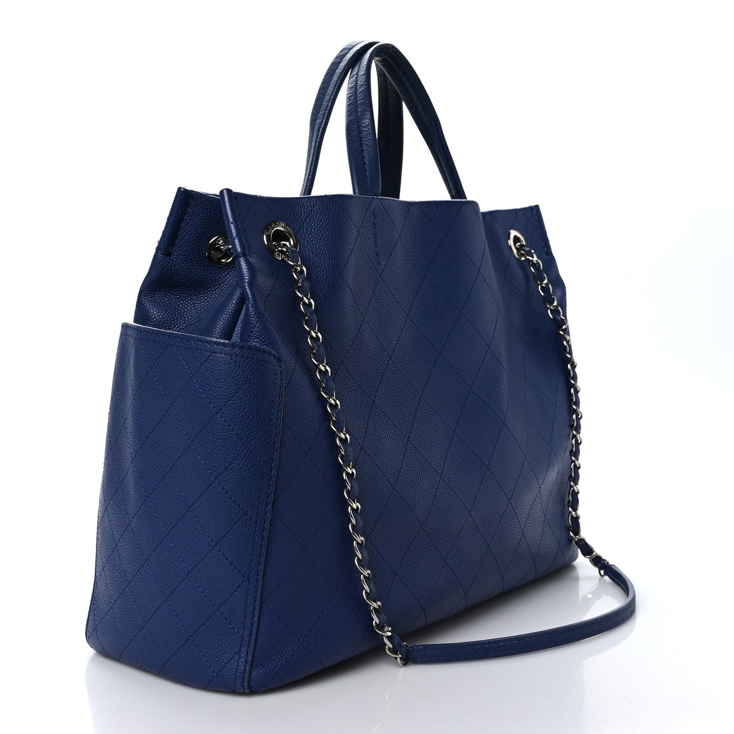 Grained Calfskin CC Pocket Tote Navy Blue