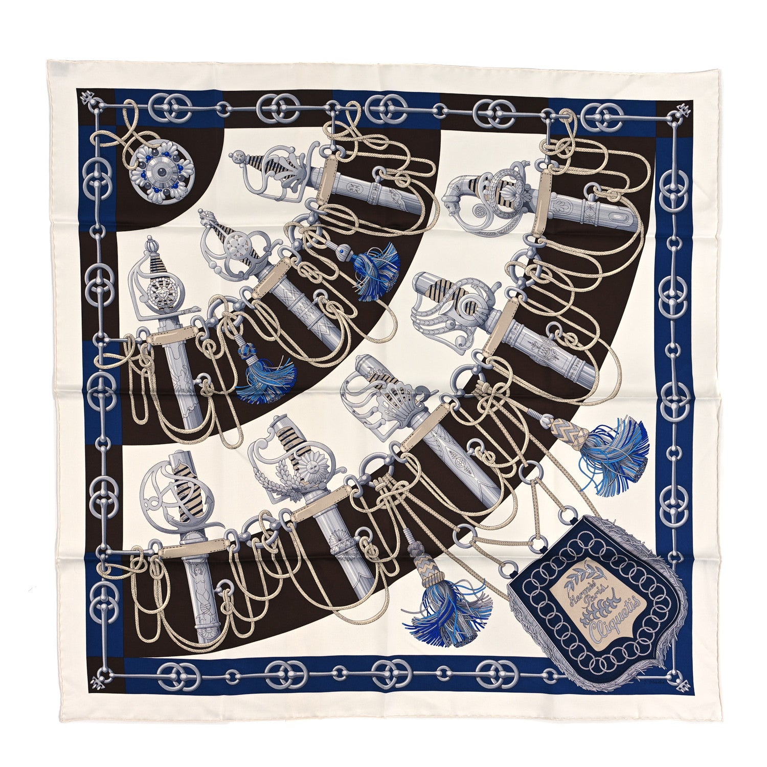 Hermes Silk Cliquetis Scarf 90 White Marine Ebene 1 of 3