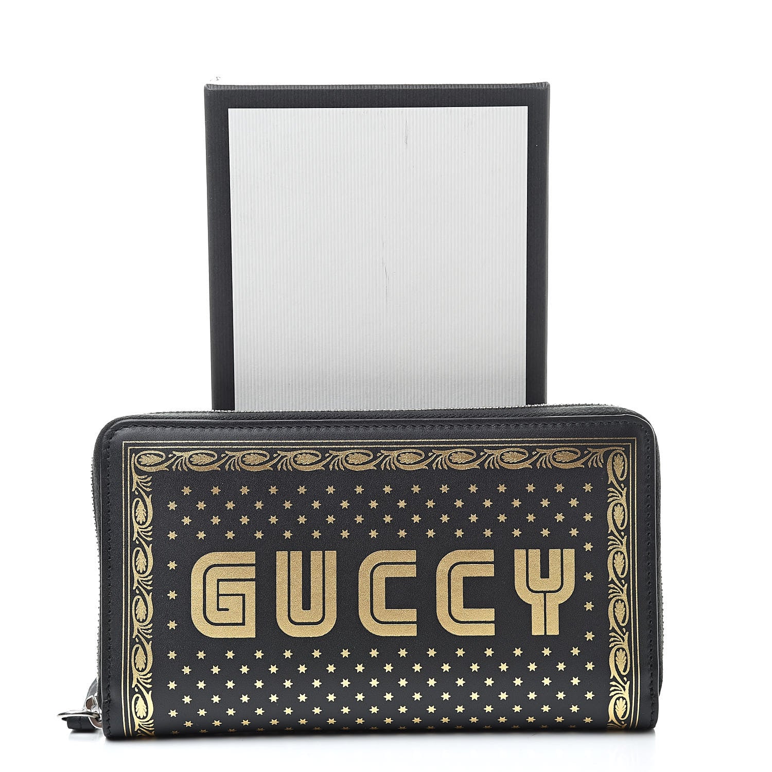 Gucci X SEGA Calfskin GUCCY Stars Zip Around Wallet Black Gold 8 of 8