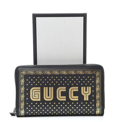 Gucci X SEGA Calfskin GUCCY Stars Zip Around Wallet Black Gold 8 of 8