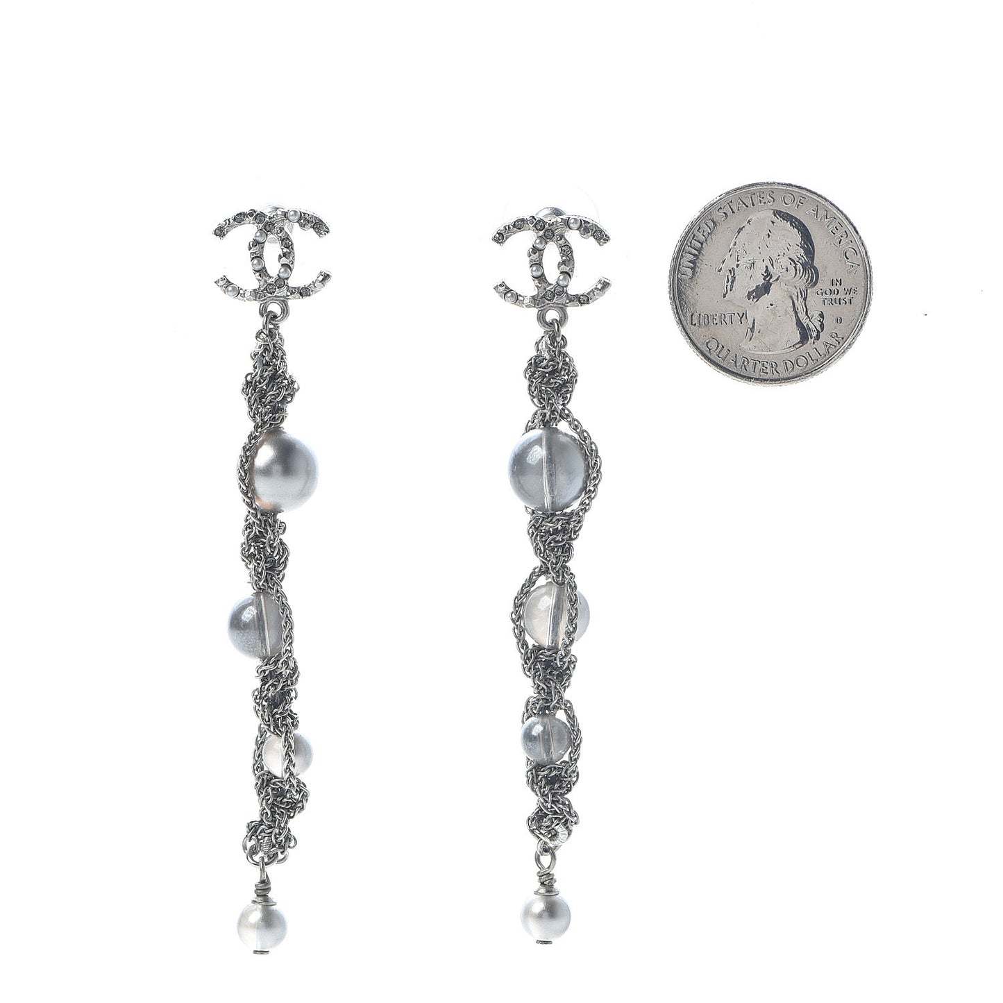 Pearl Crystal CC Chain Drop Earrings Silver
