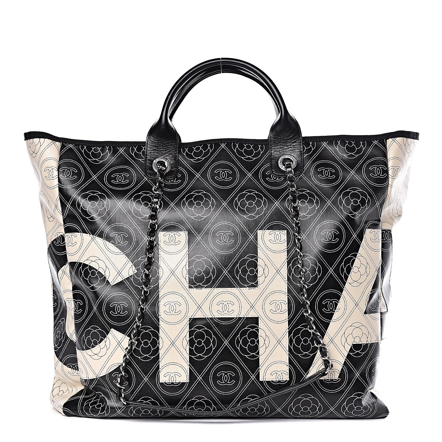 Chanel Coated Canvas Camellia Medium Shopping Tote Black Beige 1 of 14