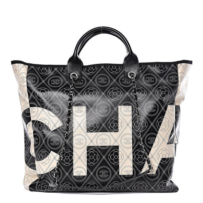 Chanel Coated Canvas Camellia Medium Shopping Tote Black Beige 1 of 14