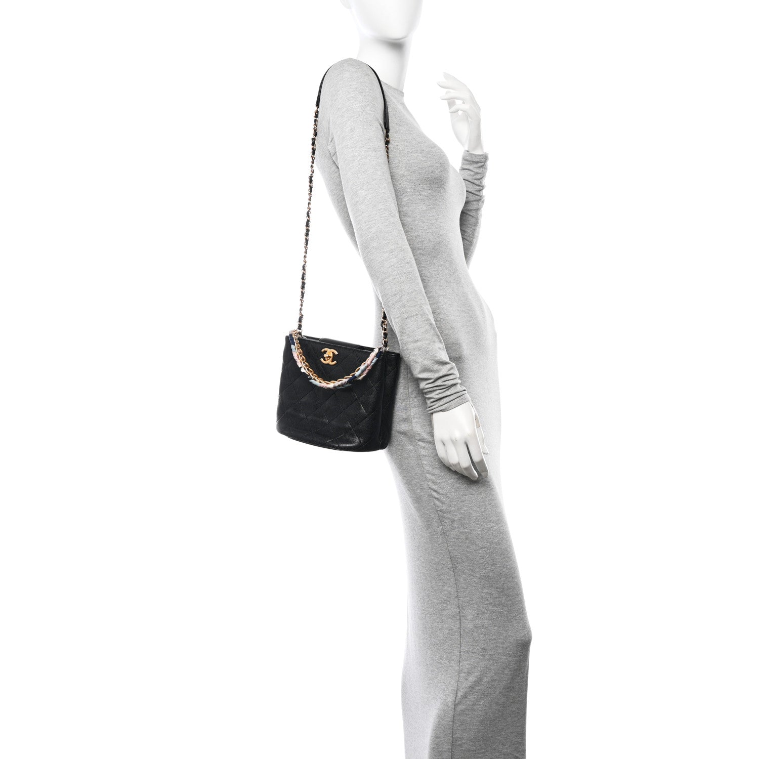 Chanel Caviar Quilted Chain Scarf Handle Bucket Bag Black 2 of 10