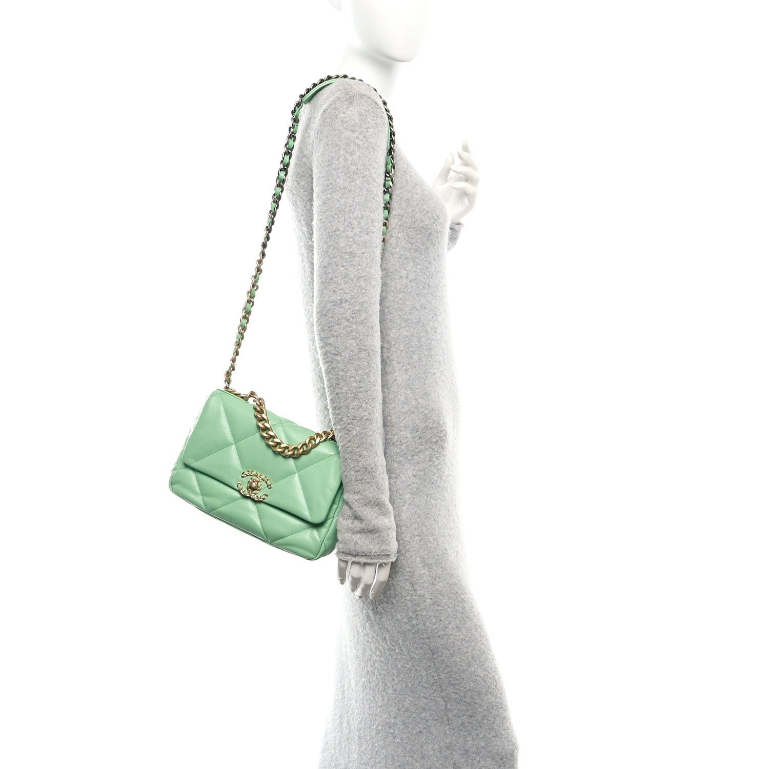 Chanel Goatskin Quilted Medium Chanel 19 Flap Light Green 2 of 10