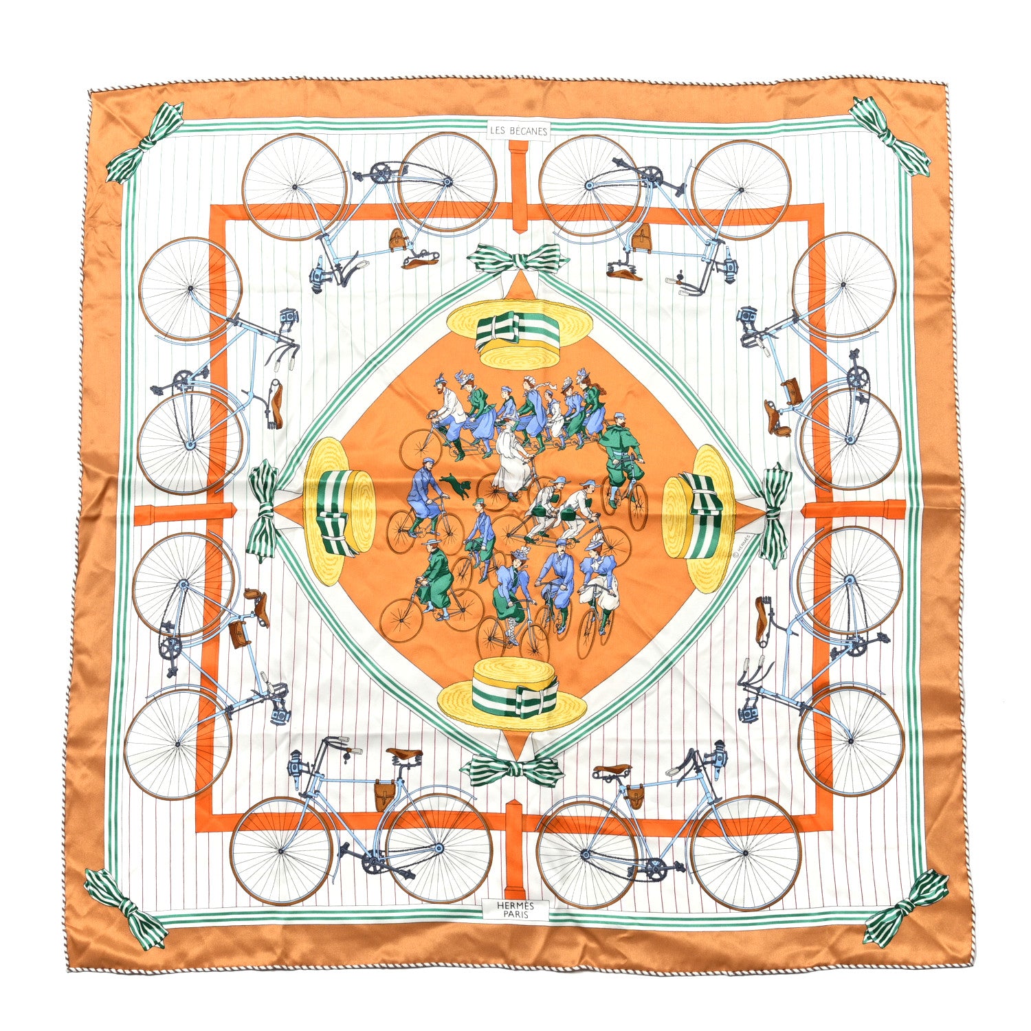 Hermes Silk Vintage Les Becanes Scarf 70 Caramel White Vert 2 of 12