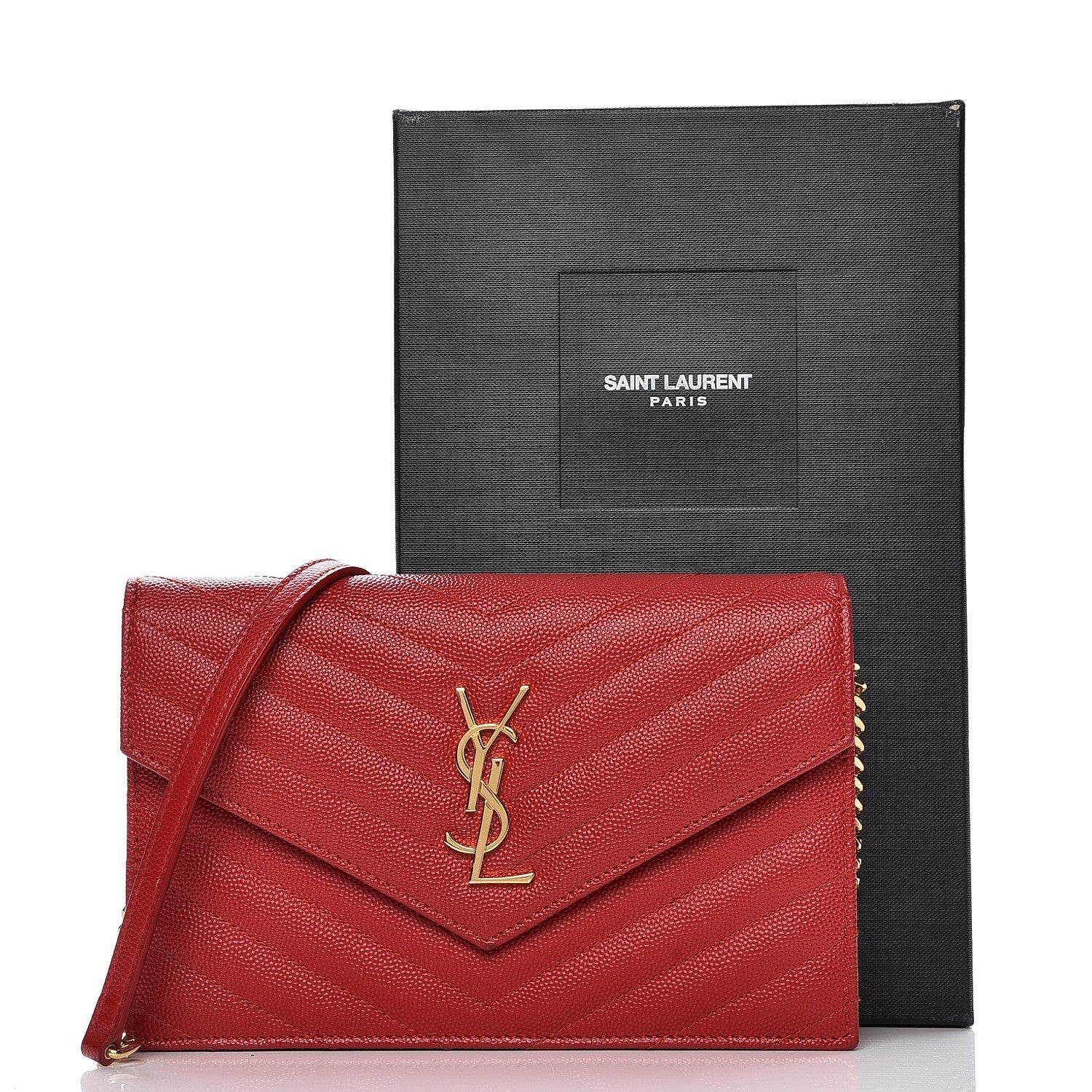 Saint Laurent Grain De Poudre Matelasse Chevron Monogram Envelope Chain Wallet New Red 8 of 13