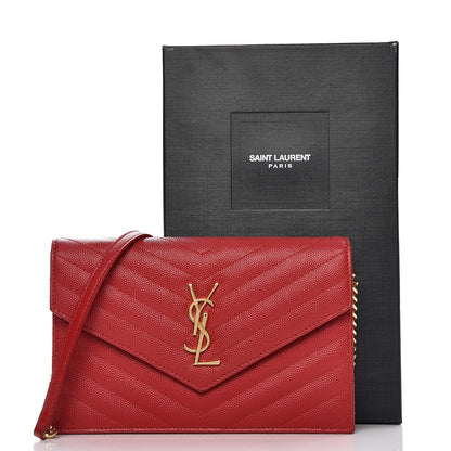 Saint Laurent Grain De Poudre Matelasse Chevron Monogram Envelope Chain Wallet New Red 8 of 13
