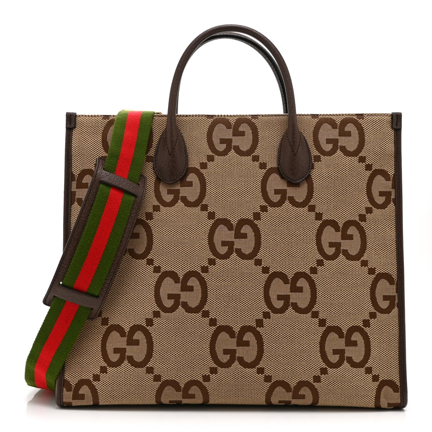 Monogram Jumbo GG Textured Dollar Calfskin Web Tote Bag Camel Ebony New Acero