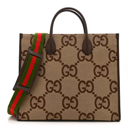 Gucci Monogram Jumbo GG Textured Dollar Calfskin Web Tote Bag Camel Ebony New Acero 1 of 11