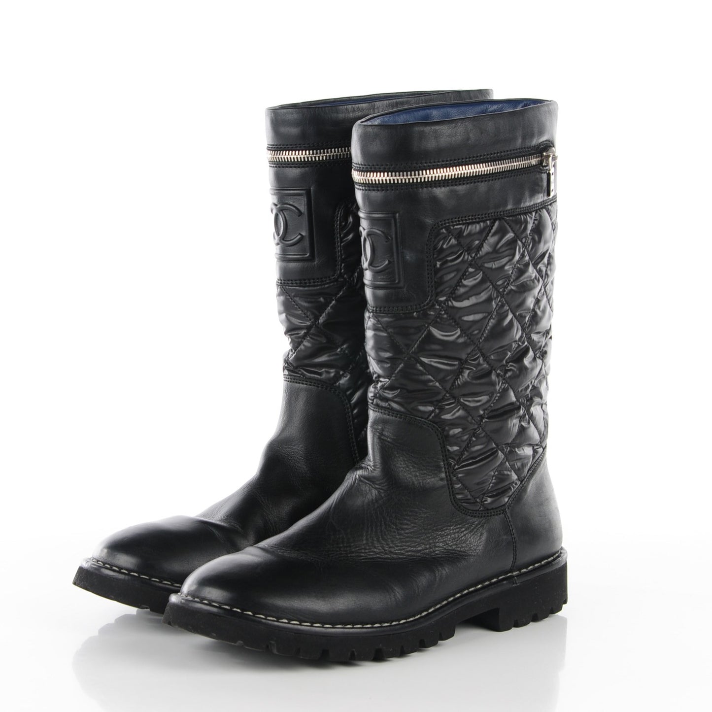 Calfskin Nylon Quilted Motorcycle Zip Boots 41.5 Black