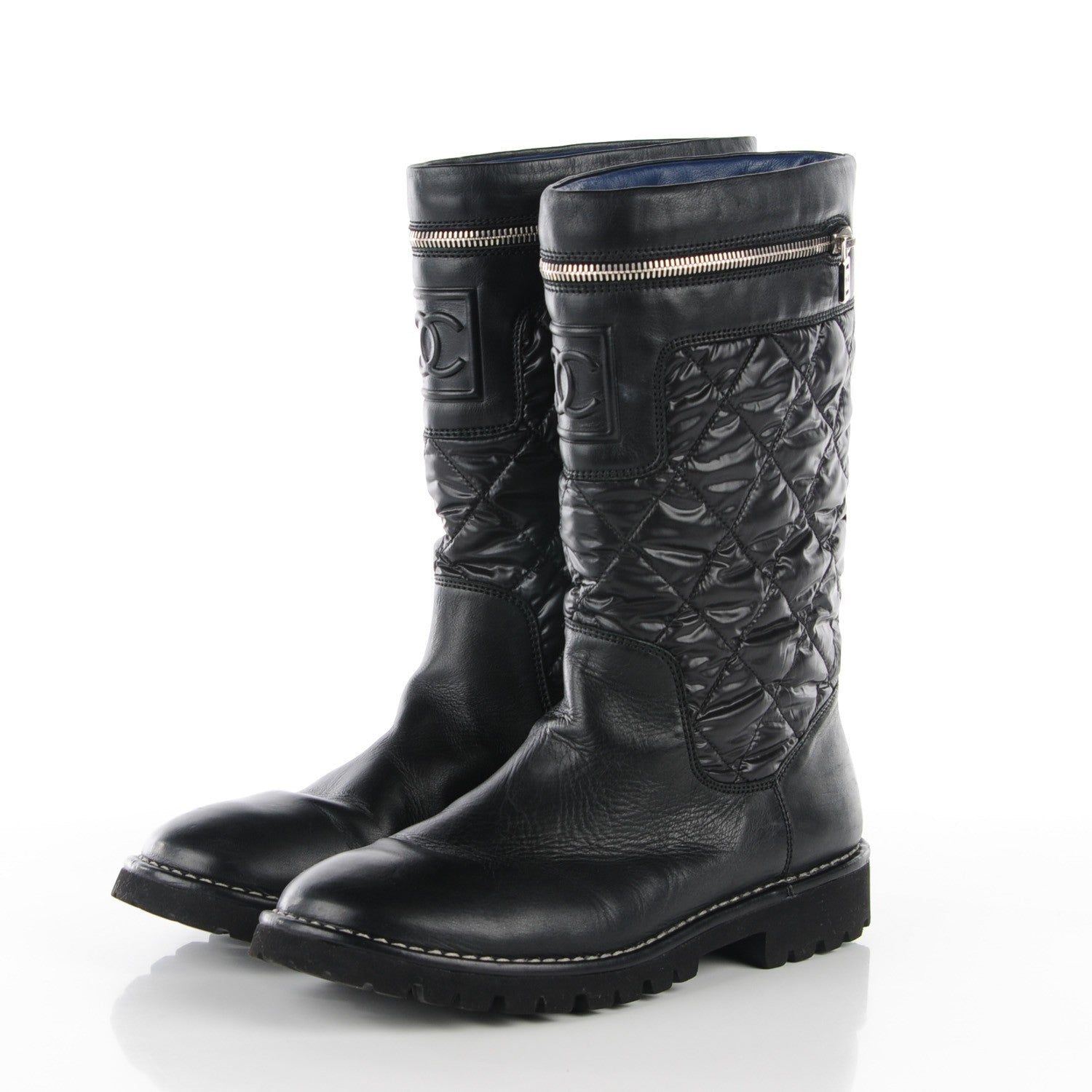 Chanel Calfskin Nylon Quilted Motorcycle Zip Boots 41.5 Black 3 of 7