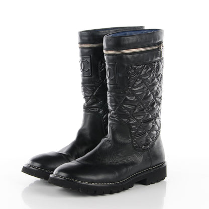 Chanel Calfskin Nylon Quilted Motorcycle Zip Boots 41.5 Black 3 of 7