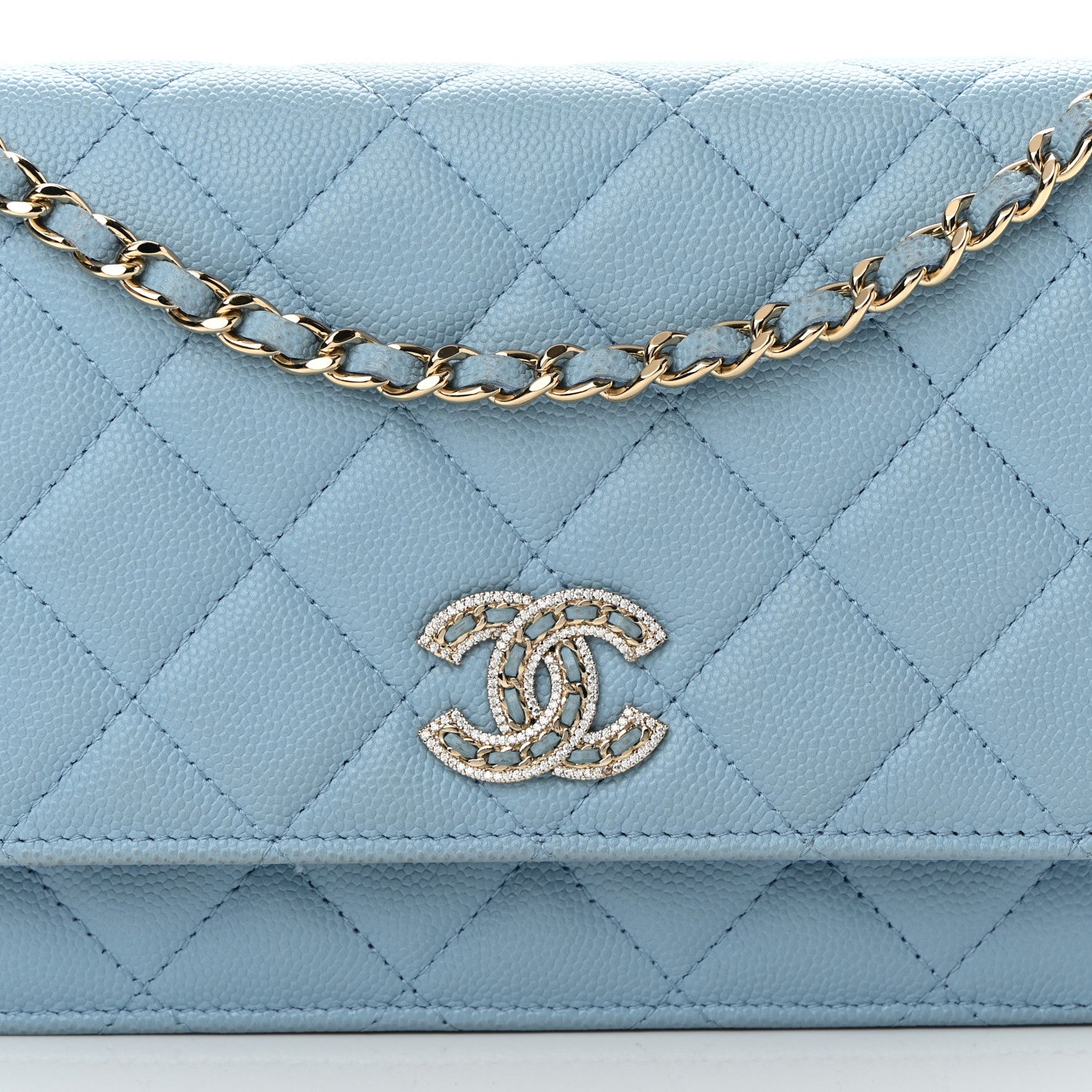 Chanel Caviar Quilted Crystal CC Wallet On Chain WOC Light Blue 9 of 17