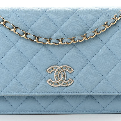 Chanel Caviar Quilted Crystal CC Wallet On Chain WOC Light Blue 9 of 17