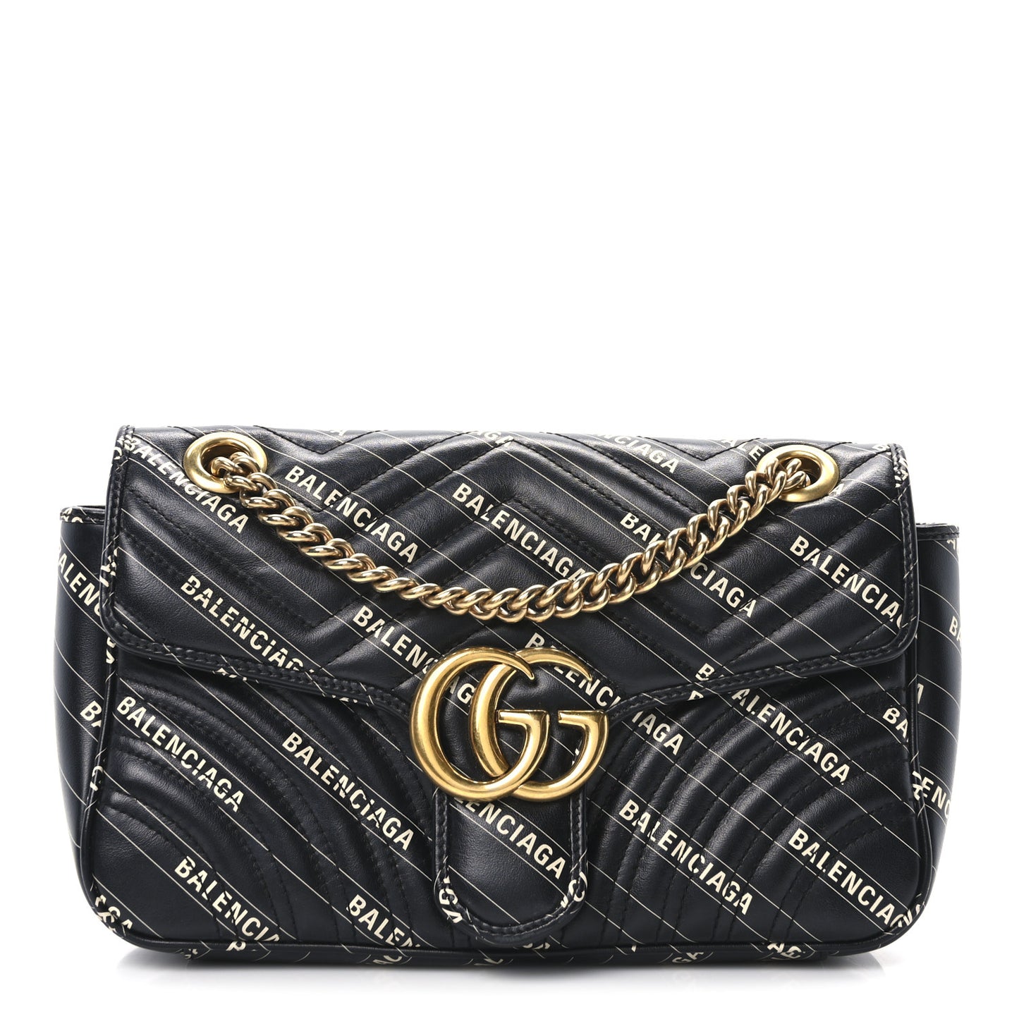 X BALENCIAGA Calfskin Matelasse Logo Print Small GG Marmont Shoulder Bag Black