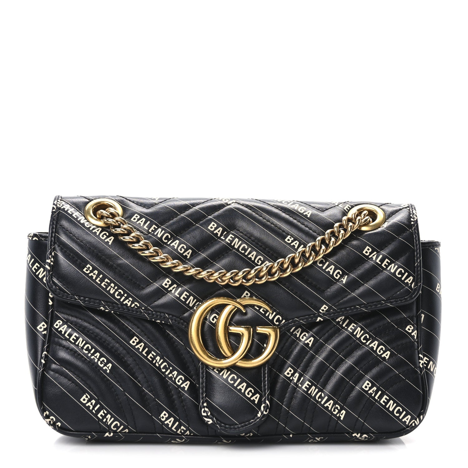 Gucci X BALENCIAGA Calfskin Matelasse Logo Print Small GG Marmont Shoulder Bag Black 1 of 11