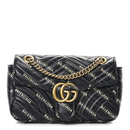 Gucci X BALENCIAGA Calfskin Matelasse Logo Print Small GG Marmont Shoulder Bag Black 1 of 11