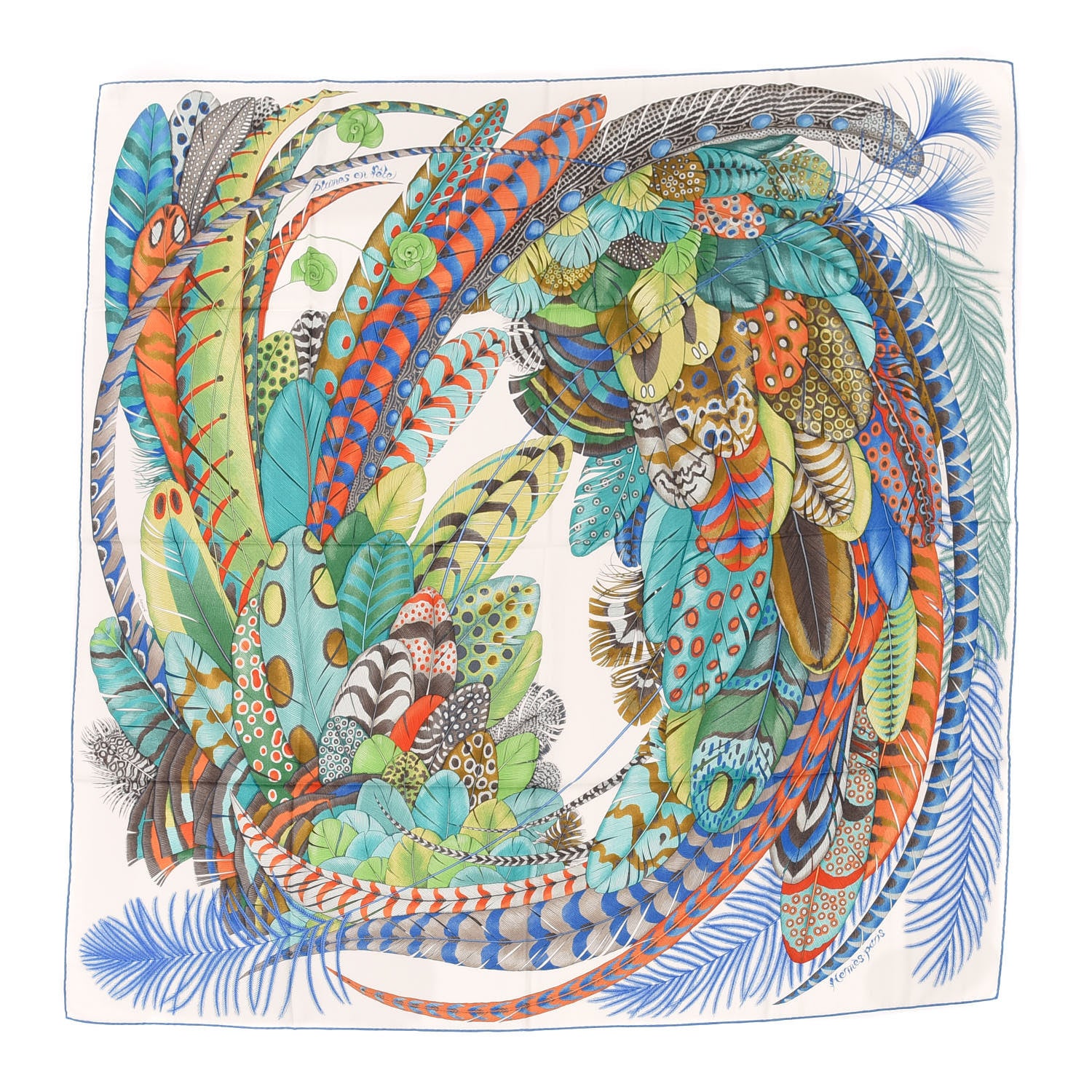 Hermes Cashmere Silk Plumes En Fete Shawl 140 White Vert Blue 1 of 6