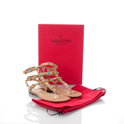 Valentino Garavani Calfskin Rockstud Rolling Ankle Wrap Flat Thong Sandals 36.5 Soft Noisette 5 of 7