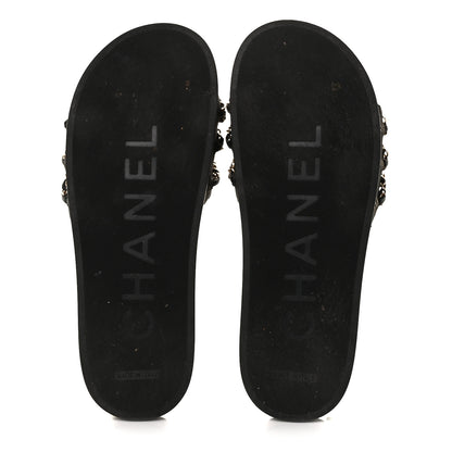 Chanel Calfskin Chain Camellia Flat Sandals 39 Black 5 of 9