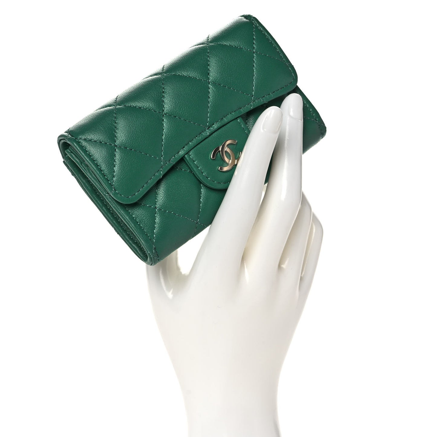 Lambskin Quilted Flap Card Holder Wallet Green