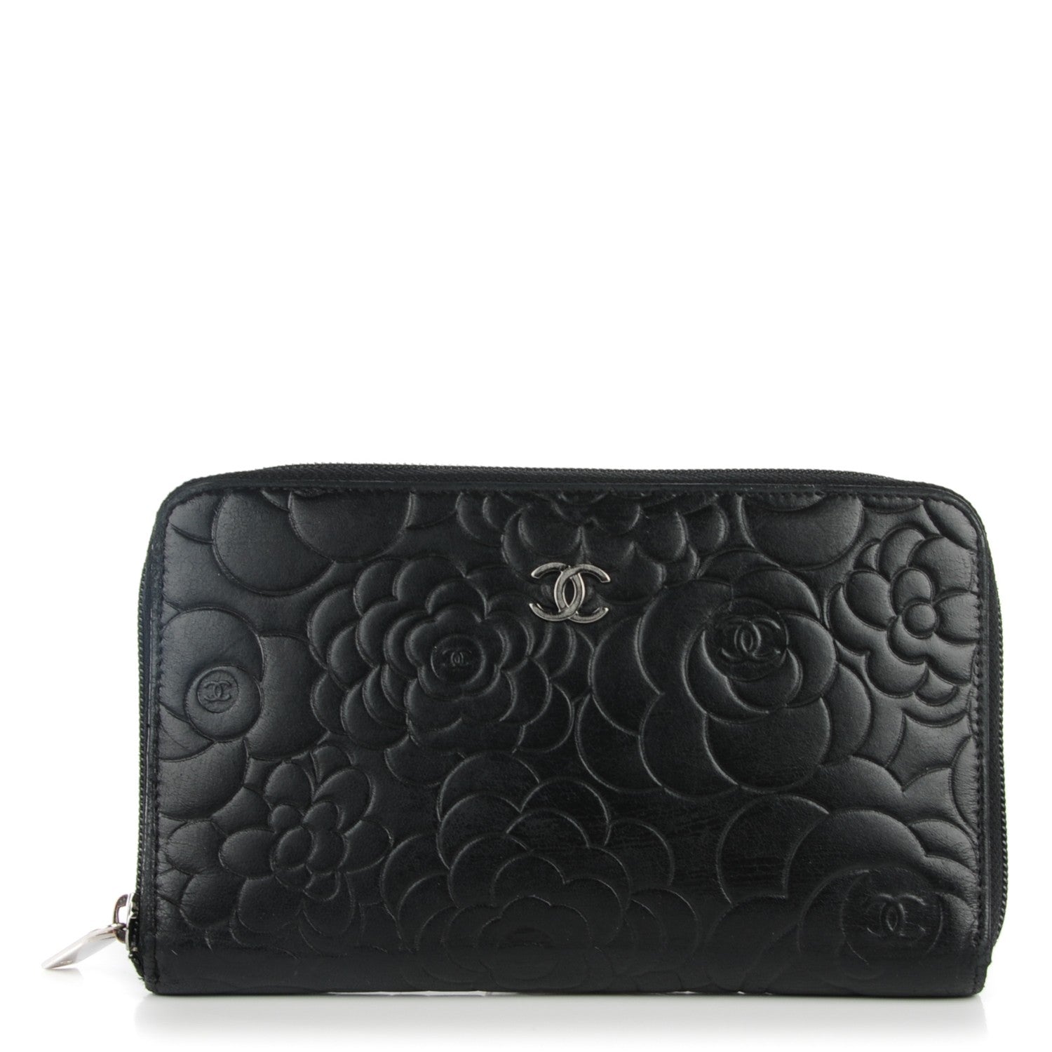 Chanel Lambskin Camellia Embossed Zip Around Organizer Wallet Black 1 of 8