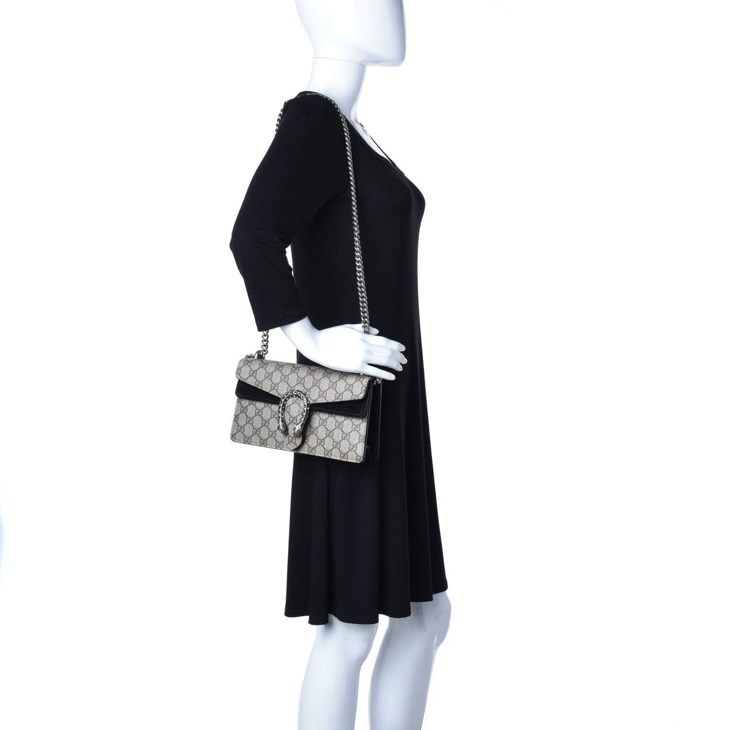 Gucci GG Supreme Monogram Suede Crystal Small Dionysus Shoulder Bag Beige Ebony Black 2 of 11