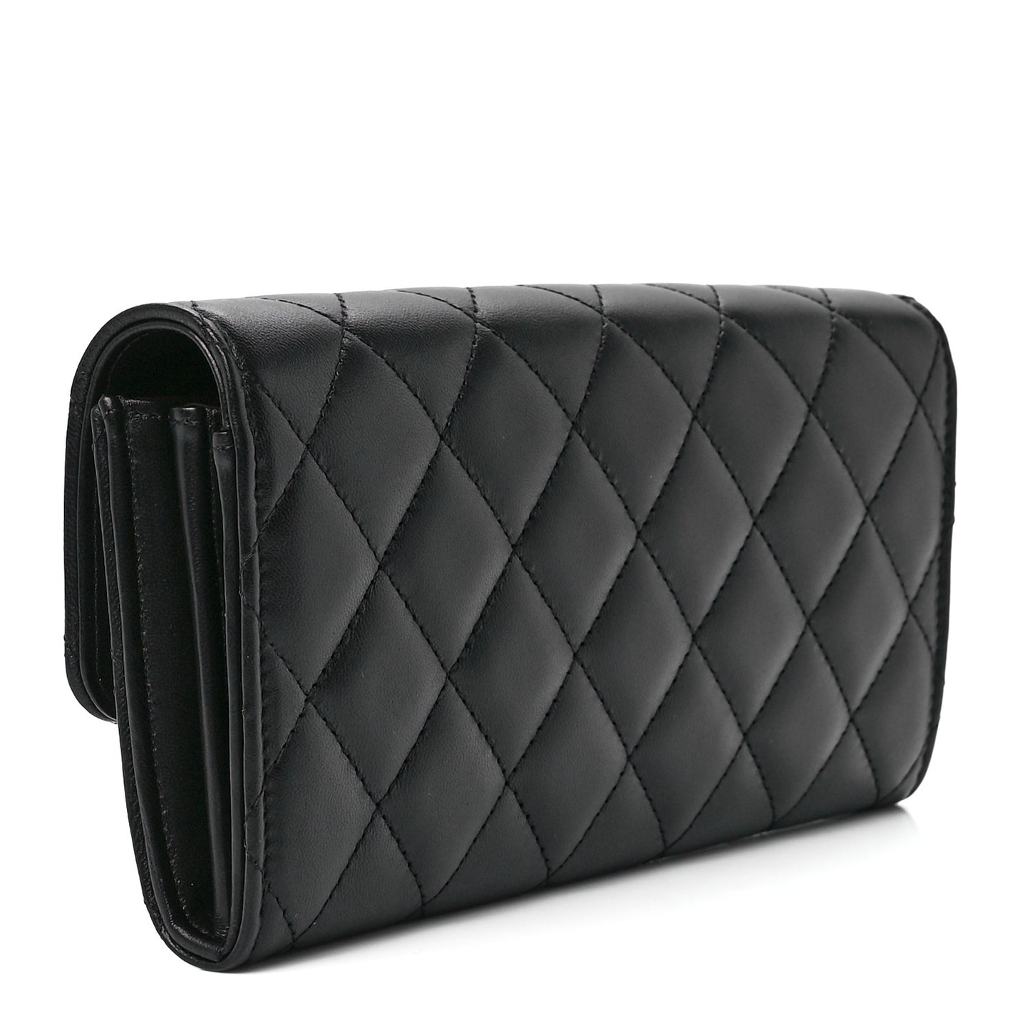 Lambskin Quilted Large Gusset Flap Wallet Black