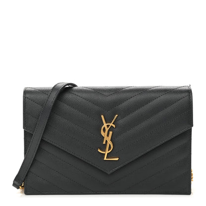 Saint Laurent Grain De Poudre Matelasse Chevron Monogram Envelope Chain Wallet Dark Smog 1 of 13