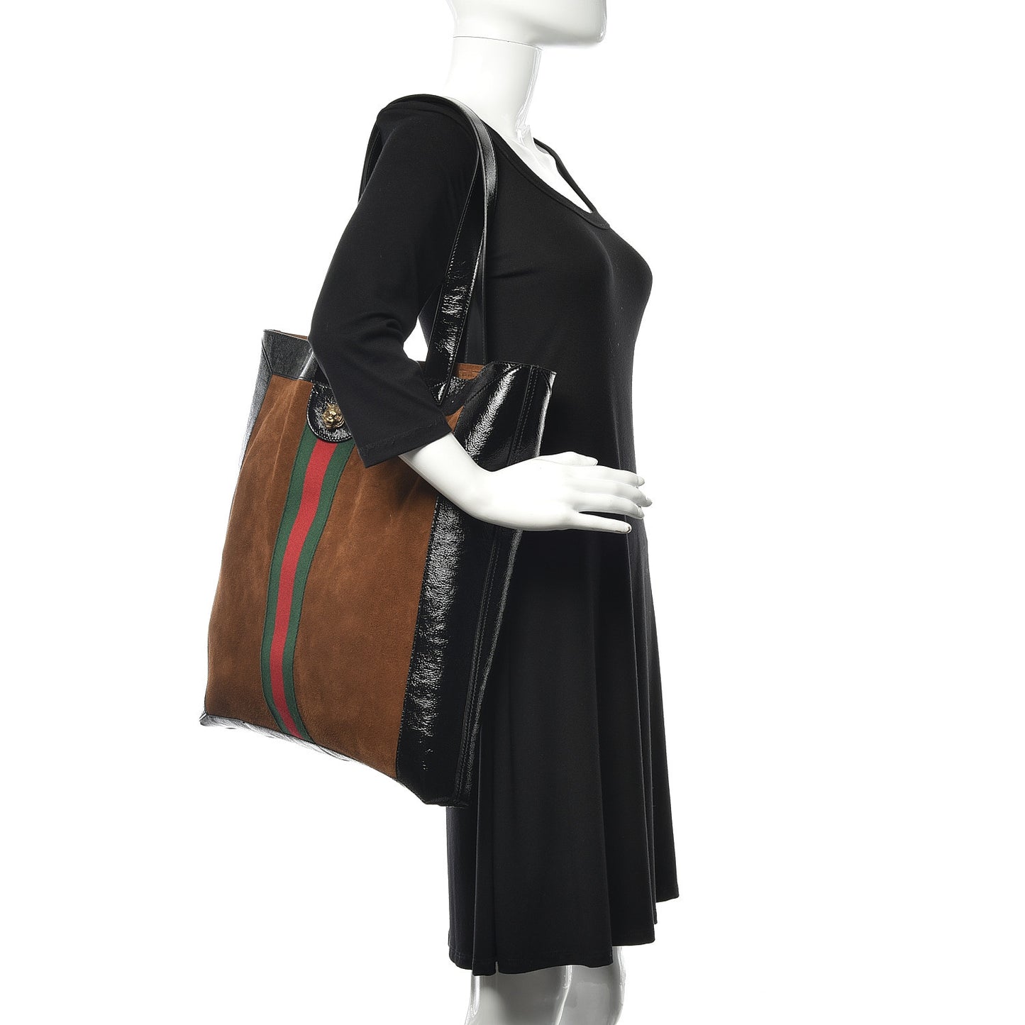 Suede Patent Web Large Ophidia Vertical Shopping Tote Nocciola Black