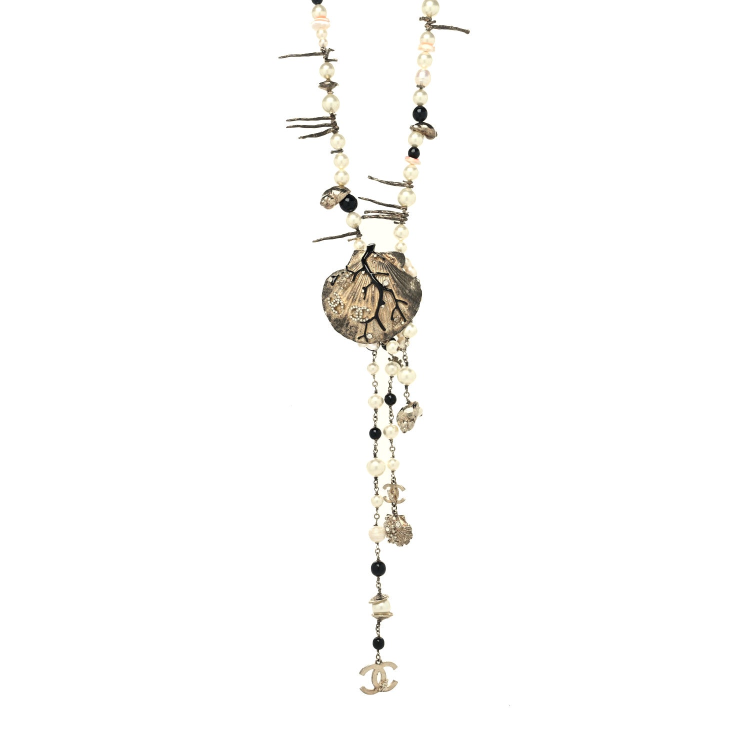 Chanel Pearl Crystal Shell Necklace Gold 1 of 5