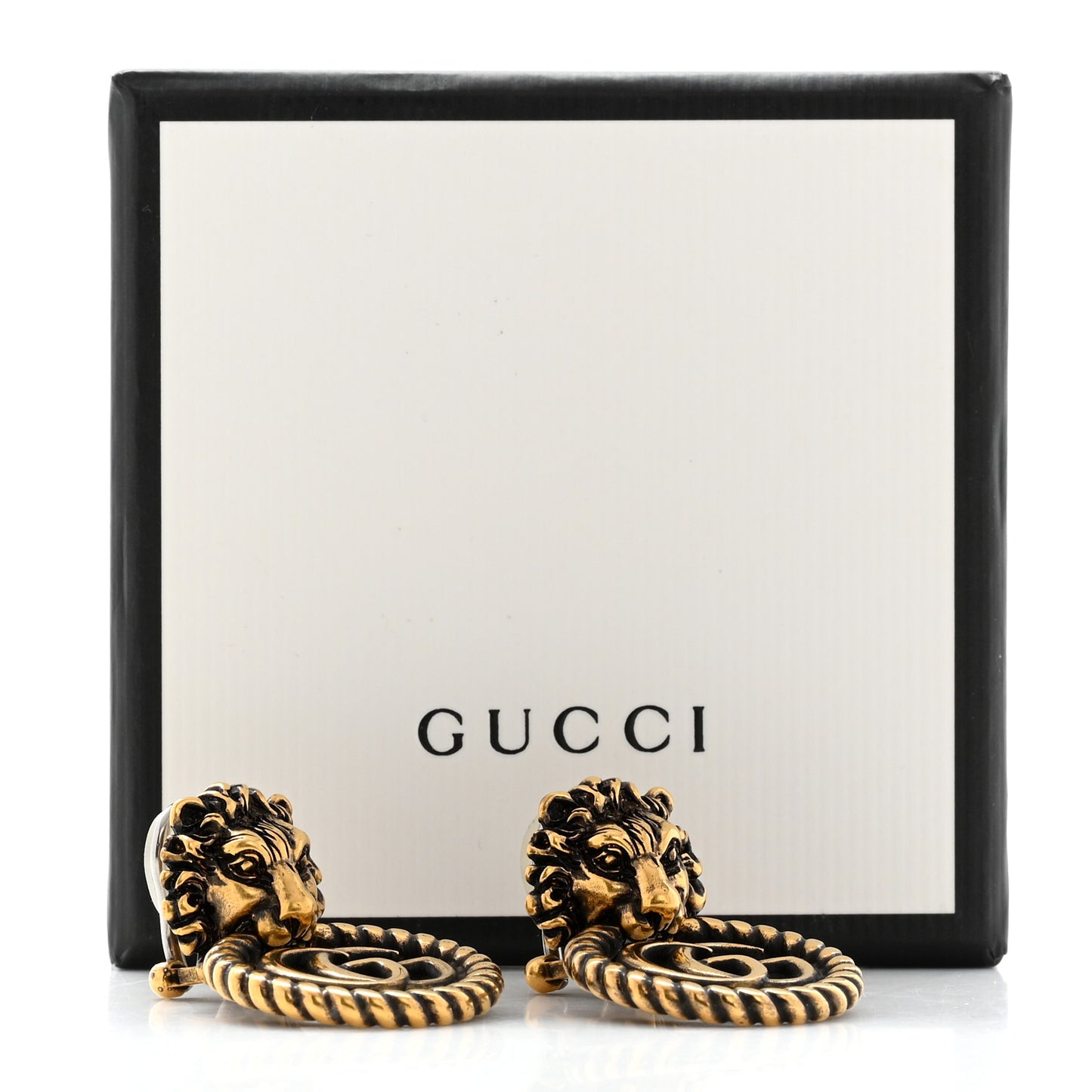 Metal Double G Lion Head Clip On Earrings Aged Gold