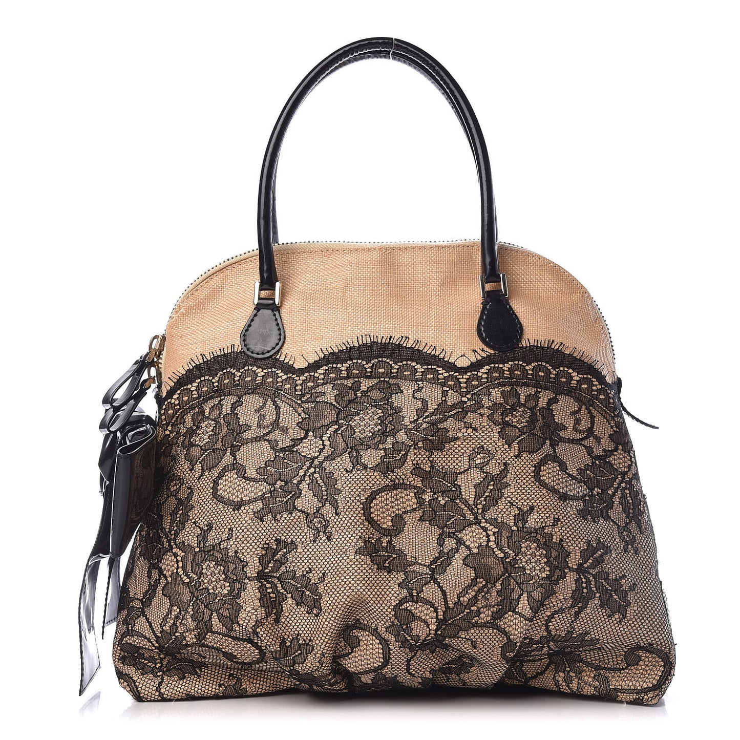Straw Lace Bow Dome Tote Black