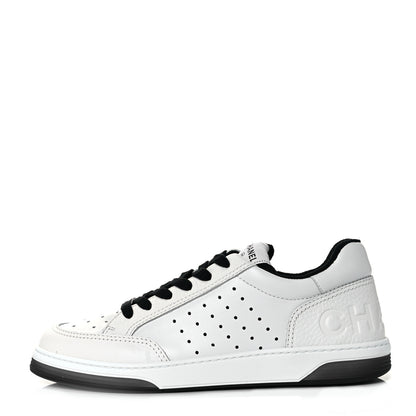 Chanel Grained Calfskin Fabric Womens Logo Sneakers 40 White Black 1 of 8
