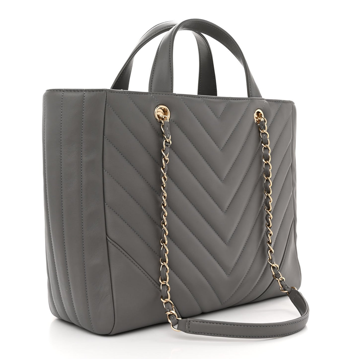 Calfskin Chevron Quilted Statement Shopping Tote Grey